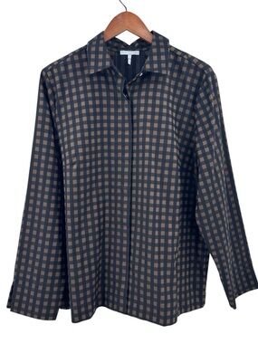HINSON WU Shirt Zip Back Collared Preppy Checkered Brown Black